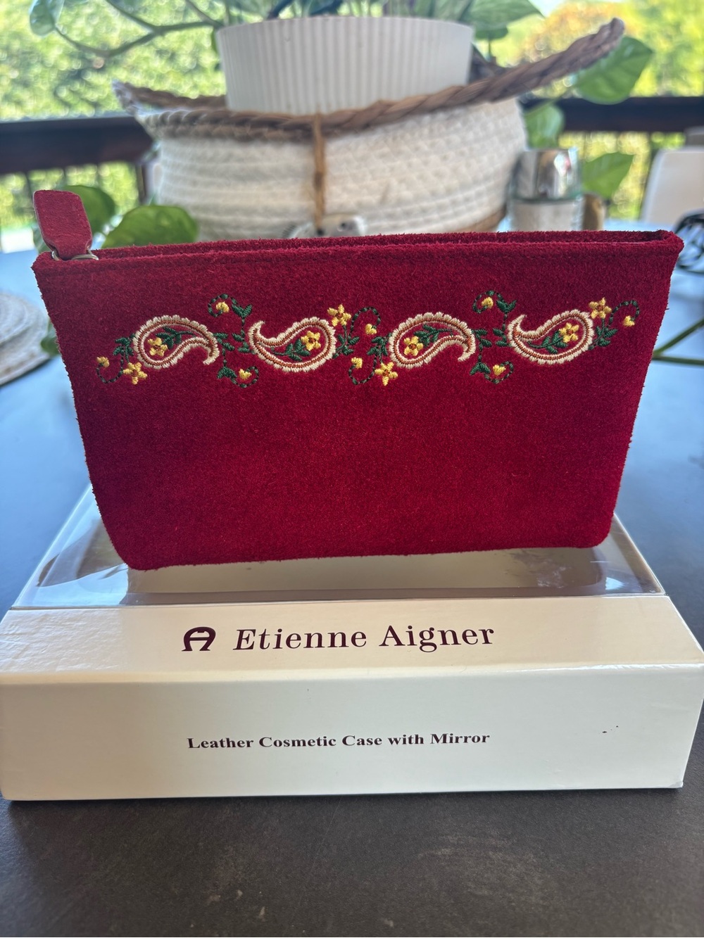 Etienne Aigner Burgundy Suede Cosmetic Case with Paisley Embroidery